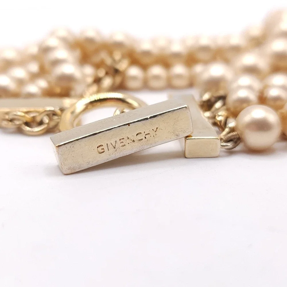 Givenchy Gold Tone Curb Chain Faux Pearl Multi Strand Bracelet 7.5in